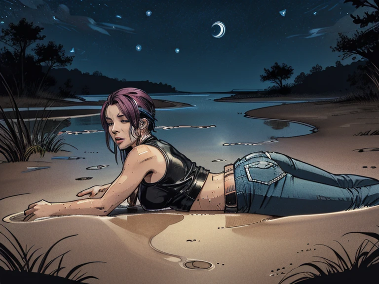 vector image,masterpiece, intercourse, 1head,colored hair, blush, drowned up to head,gloomy orgasm:1.2,swallowed by quicksand swamp, accessories, hard breath,jeans, crop-top,sexy leather biker jacket, night sky, from side