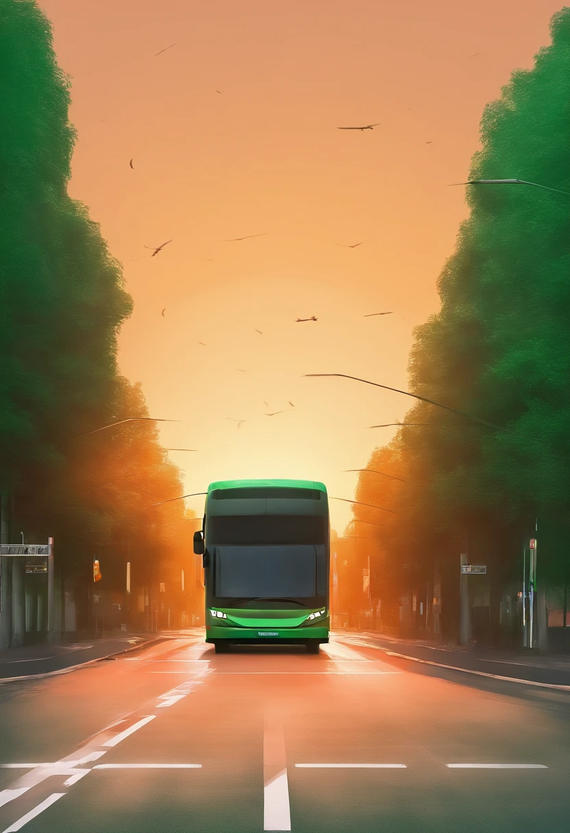 Green big bus, in the street, and some angels flying around the bus. Orange sky, beautifull green view
