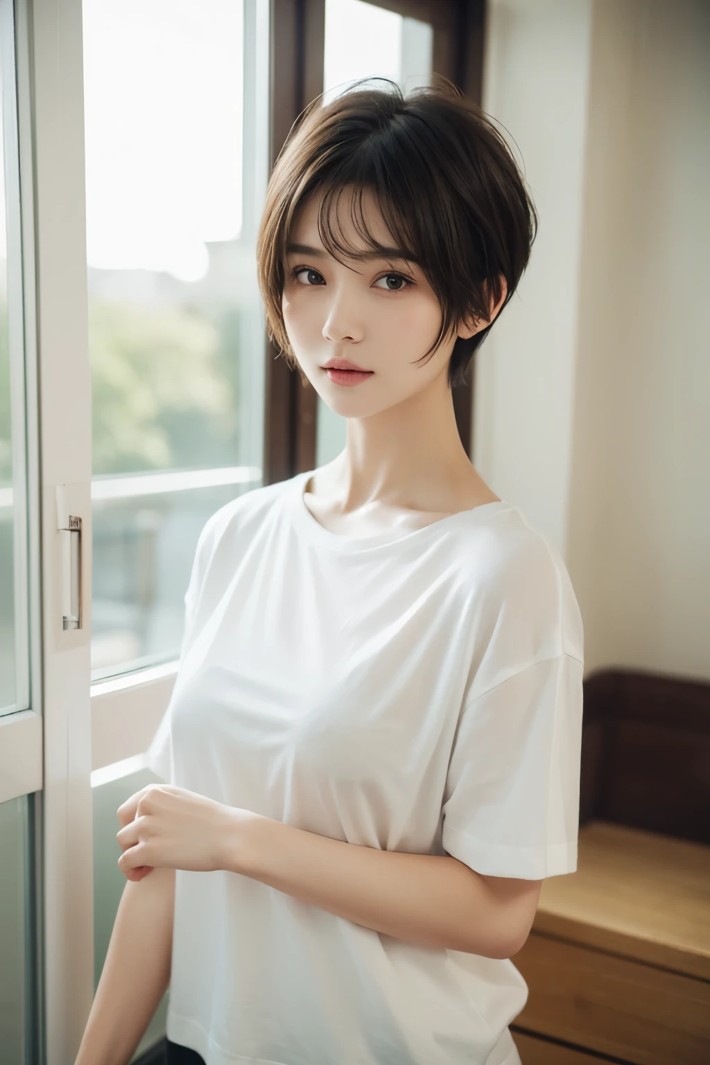Woman in her early 20s、(highest quality, 8k, masterpiece :1.3)), Sharp focus:1.2, Perfect body beauty:1.4, Slim Abs:1.2, ((Short Layered Hair:1.2)), (White T-shirt:1.3), (mall:1.2), Very detailedな顔と肌の質感, Beautiful Eyes, double eyelid, Naughty expression Dark brown hair、short hair、simple((masterpiece、highest quality、Very detailed、High resolution、Realistic、Sharp focus、Cinema Lighting))、(1 girl)、Bust Shot、Beautiful Face、Realistic Face、(Black Hair、ボーイッシュなshort hair、Cut out)、Beautiful hairstyle、Realistic eyes、細かくてBeautiful Eyes、Realistic Skin、Beautiful Skin、sweater、Confused、charm、Golden Pixie Cut Maste Piece, highest qualityの, High freshness)), One girl, (It's photorealistic: 1.4), 服Autumn Clothes、ベリーshort hair、Light Hair、Hair with movement、Berry Short、Extremely short hair、Solo, Background whiteい, Pure white background, A happy smile, A happy smile, きれいなBlack Hair, Short Hair, Big eyes, はっきりしたdouble eyelid, False eyelashes, Sticking out ears, Long neck, Long neck, breast enhancement, (Draw the whole head,), 19 year old, charm的なプロポーション, Shiny skin, Beautiful collarbone, Golden ratio face, Perfect Face, Teardrop Mole, Mole on chest, Bangs, Beautiful bangs, Beautiful bangs, Lip gloss, Thin lips, Fair and shiny skin, Small breasts、 same, Small Face, Small Face, All heads are painted, The shoulders are all drawn, Looking slightly above the camera??Hair Catalog、Background white、breast enhancement、Autumn Clothes、knit、画角breast enhancement、Hair Model、breast enhancement、Photo of Hiki、High neck clothing、Very short hairVery shortVery shortVery short hair、Lip ray