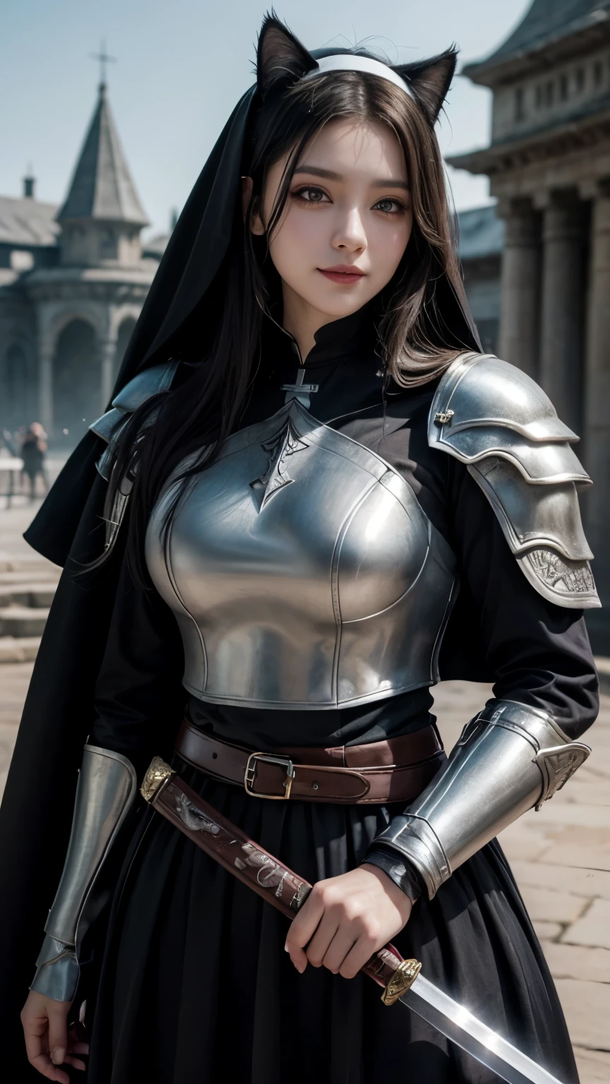 (masterpiece:1.2), (highest quality:1.2), Perfect Eyes, Perfect Face, Volumetric lighting, One girl, Mature Female Warrior Nun, Mature Woman, armor, Robe, Black Hair, Shoulder rest, sword, belt, Fantasy, Outdoor, Detailed Background, compensate, lipstick, eye shadow, mascara, Thick eyelashes、whole body、Cat ear、smile、Smile、whole body、Long skirt、