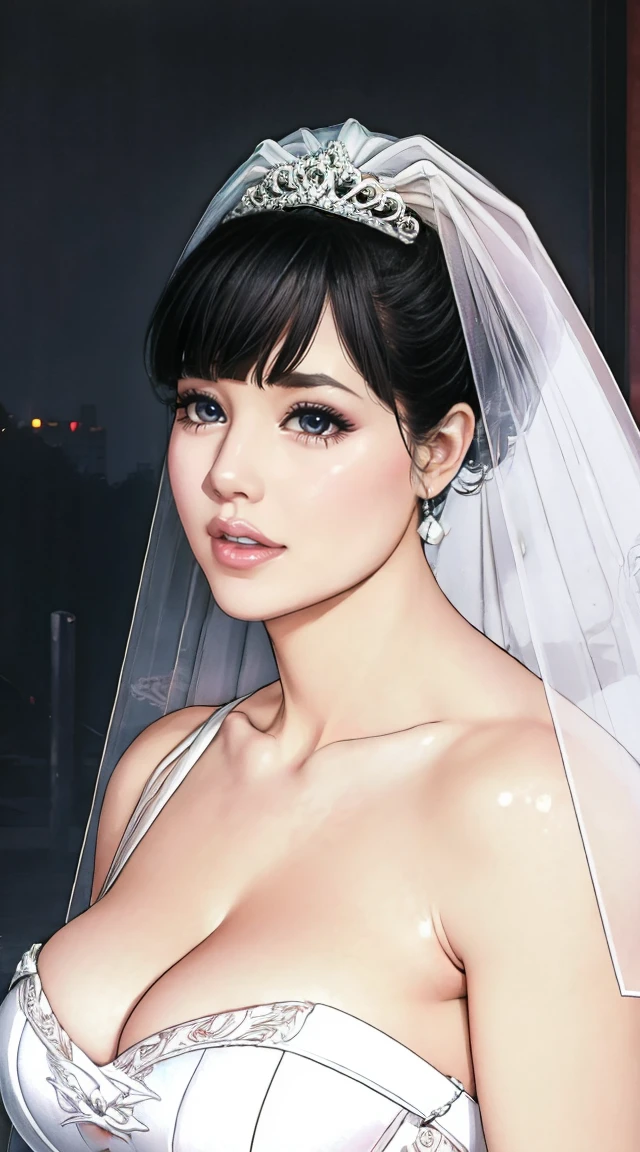 blunt bangs, dark blue hair, purple eyes,
BREAK ((WEDDING PRINCESS DRESS:1.5)) 
BREAK view from below, morning city, street,
BREAK (masterpiece:1.2), best quality, high resolution, unity 8k wallpaper, (illustration:0.8), (beautiful detailed eyes:1.6), extremely detailed face, perfect lighting, extremely detailed CG, (perfect hands, perfect anatomy),