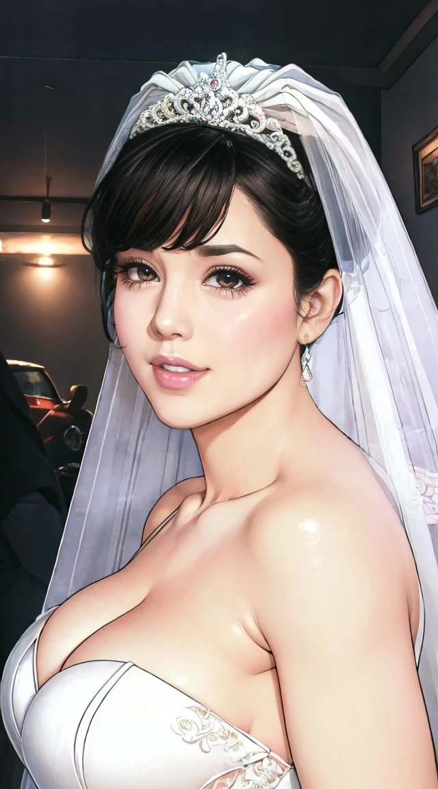 blunt bangs, dark blue hair, purple eyes,
BREAK ((WEDDING PRINCESS DRESS:1.5)) 
BREAK view from below, morning city, street,
BREAK (masterpiece:1.2), best quality, high resolution, unity 8k wallpaper, (illustration:0.8), (beautiful detailed eyes:1.6), extremely detailed face, perfect lighting, extremely detailed CG, (perfect hands, perfect anatomy),