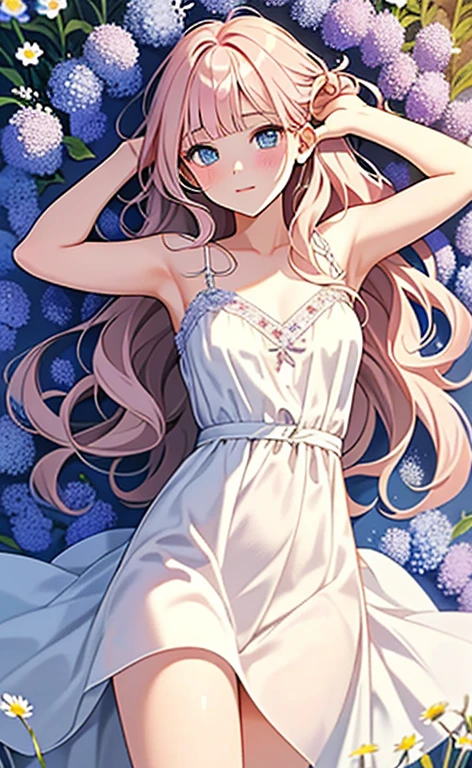 (masterpiece:1.4、top-quality、illustration:,realistic、)、(character focus、,cowboy shot:1.3)、(1girl),(clear face:1.3),(),cute face,blue eyes、(tareme:1.3)、(from above),
(lying in a flower field:1.4),(flying:1.4)、(),、
(pink blonde hair),(very long hair:1.5)、
,(Flower Field:1.3、),(white camisole dress:1.5),
(blunt bangs),(volumey,sidelocks,wavy hair:1.3), (small breasts)、
、slender、