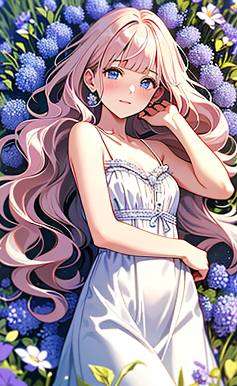 (masterpiece:1.4、top-quality、illustration:,realistic、)、(character focus、,cowboy shot:1.3)、(1girl),(clear face:1.3),(),cute face,blue eyes、(tareme:1.3)、(from above),
(lying in a flower field:1.4),(flying:1.4)、(),、
(pink blonde hair),(very long hair:1.5)、
,(Flower Field:1.3、),(white camisole dress:1.5),
(blunt bangs),(volumey,sidelocks,wavy hair:1.3), (small breasts)、
、slender、