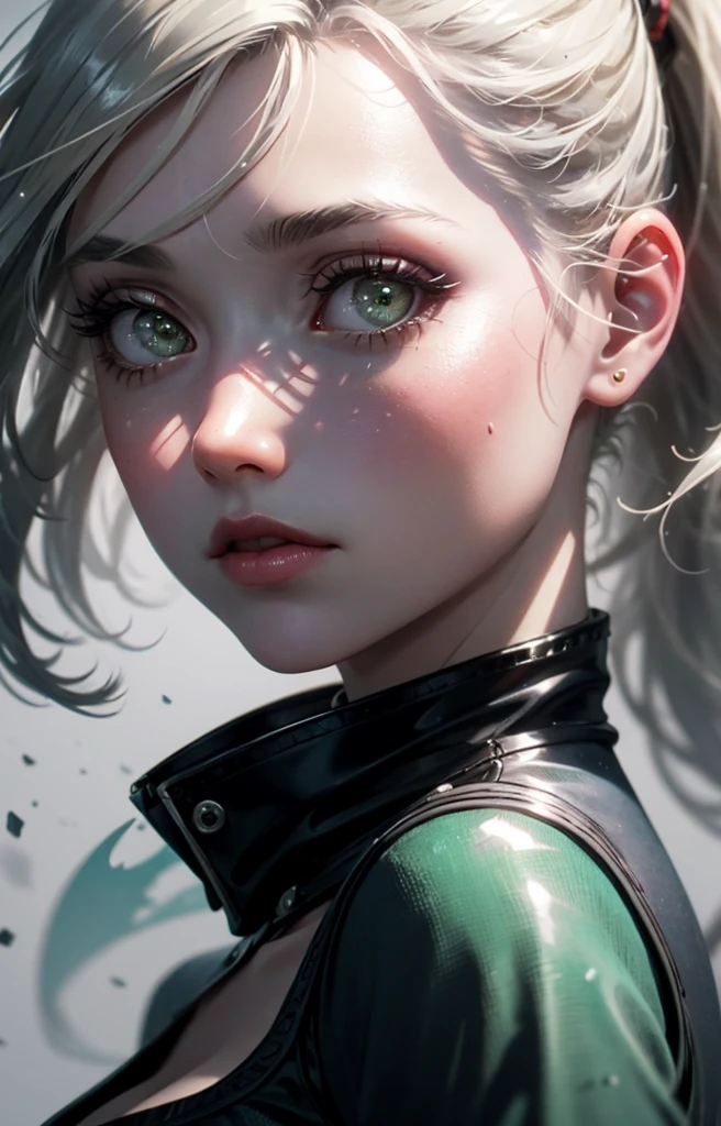 masterpiece, best quality, ultra-detailed, illustration, 1girl, cirilla, white hair, tied in ponytail,emerald green eyes, (close-up:0.5), straight on, face focus , highly detailed skin, standing, looking at viewer, black eyeliner, smokey eyes, (3D:0.5)