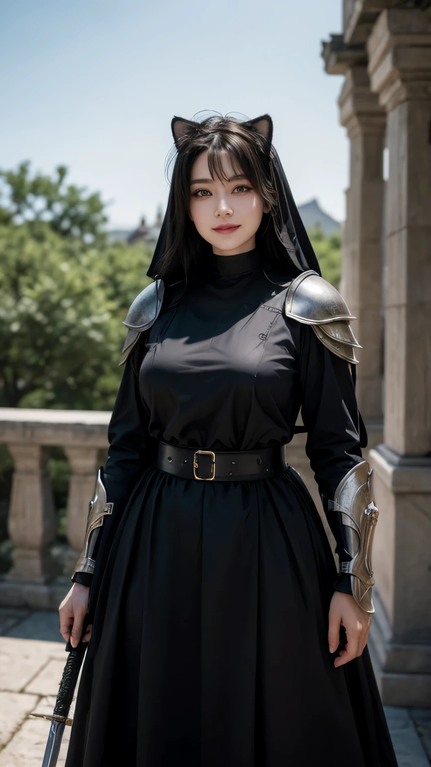 (masterpiece:1.2), (highest quality:1.2), Perfect Eyes, Perfect Face, Volumetric lighting, One girl, Mature Female Warrior Nun, Mature Woman, armor, Robe, Black Hair, Shoulder rest, sword, belt, Fantasy, Outdoor, Detailed Background, compensate, lipstick, eye shadow, mascara, Thick eyelashes、whole body、Cat ear、smile、Smile、whole body、Long skirt、