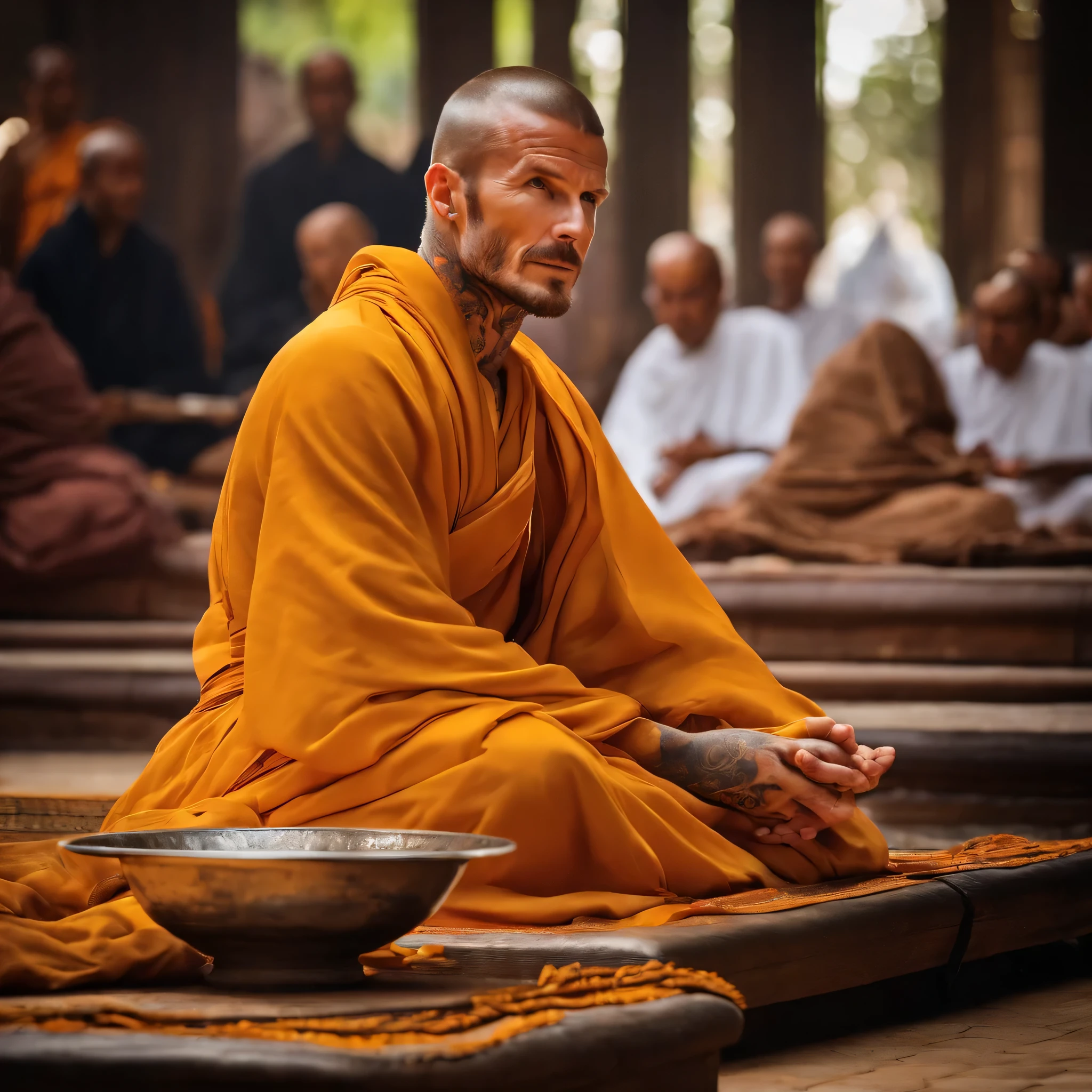 David Beckham was ordained as a monk giving alms in the morning.