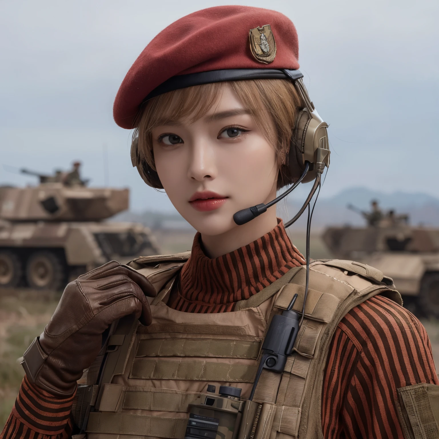 a female soldier, short blonde hair, wearing brown camouflage army clothes, wearing a red beret, wearing a bulletproof vest, wearing a headset, wearing army gloves, her face looks like an Asian woman, posing elegantly, in the background in the combat training area, (perfect fingers), ((make up)), high quality, realistic, ultra HD, Ultra-fine, HD, HD, HD picture quality, detail, 18k ultra HD resolution, top effects, masterpiece, Half-length photos.