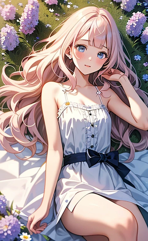 (masterpiece:1.4、top-quality、illustration:,realistic、)、(character focus、,cowboy shot:1.3)、(1girl),(clear face:1.3),(),cute face,blue eyes、(tareme:1.3)、(from above),
(lying in a flower field:1.4),(flying:1.4)、(),、
(pink blonde hair),(very long hair:1.5)、
,(Flower Field:1.3、),(white camisole dress:1.5),
(blunt bangs),(volumey,sidelocks,wavy hair:1.3), (small breasts)、
、slender、