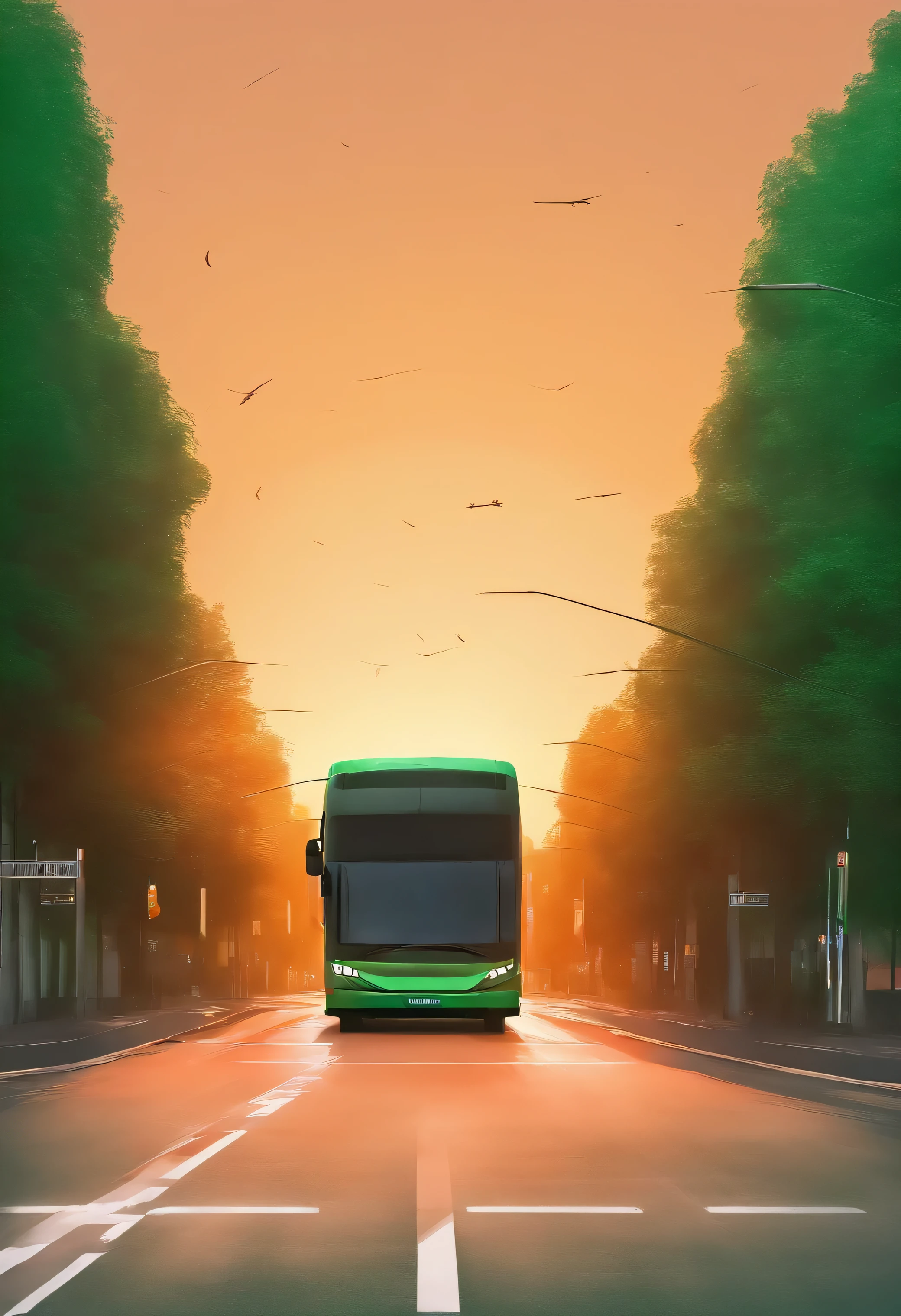 Green big bus, in the street, and some angels flying around the bus. Orange sky, beautifull green view