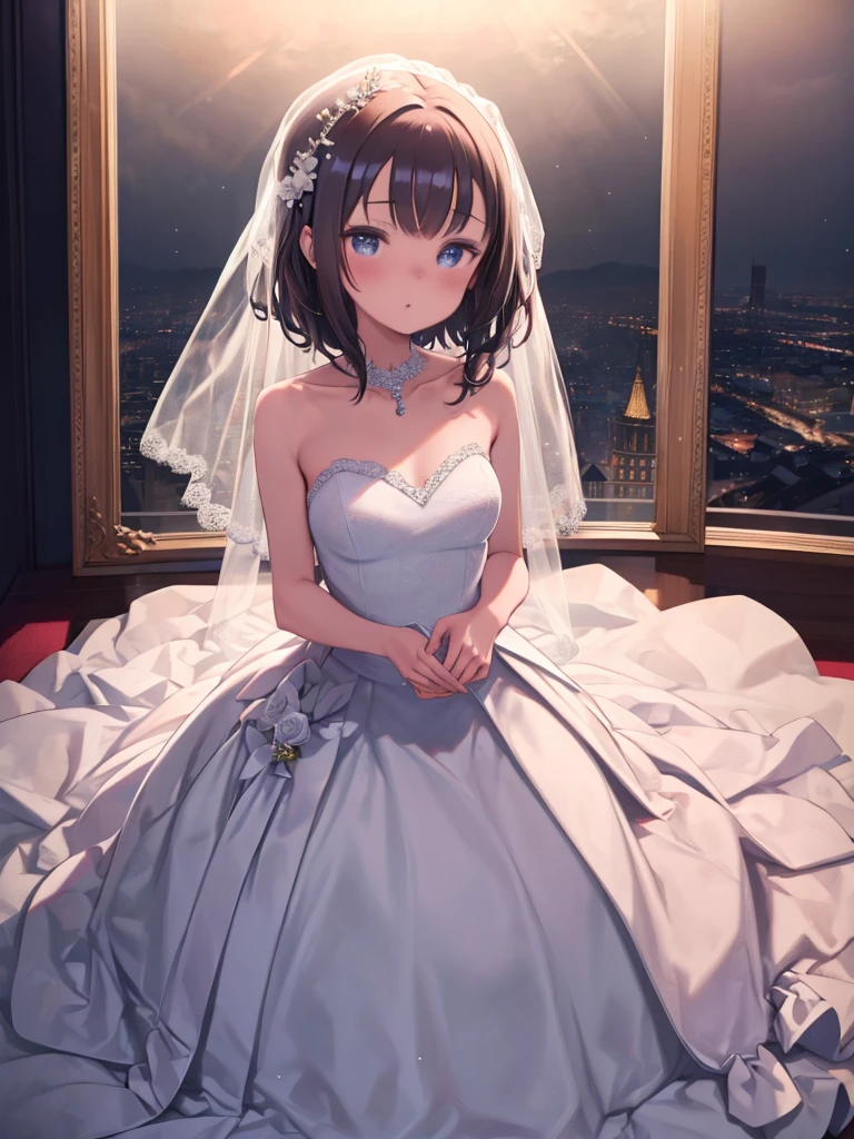 (highest quality, High resolution, masterpiece:1.2,), figure, night, One girl, whole body, (Wedding dress), Put your arms behind your back, Wait for a kiss, View your viewers, Happy, blush,