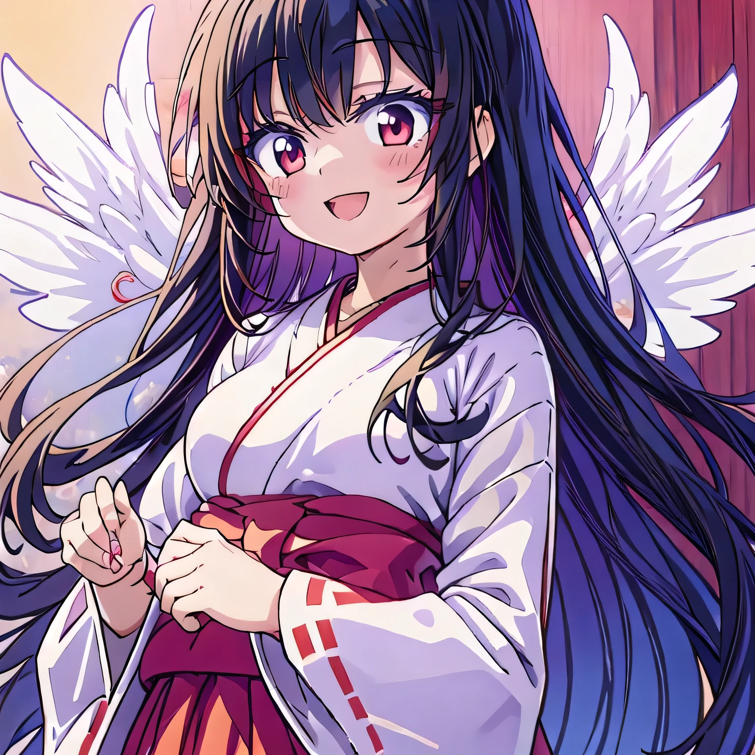 highest quality、High resolution、Reaching out,Close-up head、Anime style illustrations,red long skirt, {Red too:1.35} ,Shrine maiden、Simple Shrine maiden outfit、White kimono、Girl with perfect figure、Full Breasts、Beautiful woman、Drooping eyes、Relaxed expression、Low outer corner of the eye、、Embarrassing、Beautiful Eyes、Cute eyes、Red eyes、One Girl、Long side hair、Long Hair、Black Hair、Ahoge、Wide sleeves、Long hem、happy+smile、shrine