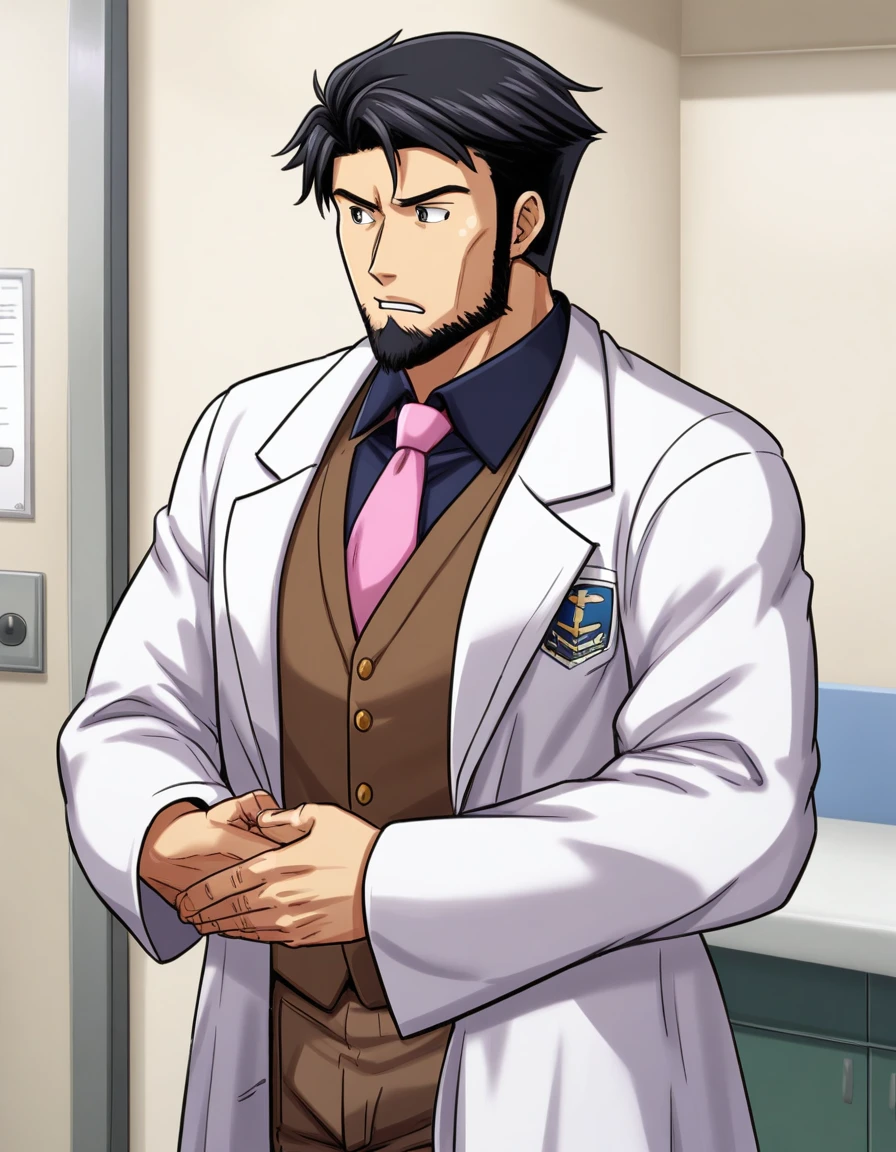 1man, mature male, ordinary, sanpaku, large eyes, oval-shaped, rough white skin, short crewcut, black hair, beard, gray eyes, goatee, ugly, masculine, BREAK solo, lab coat, pink necktie, white collared_shirt, brown vest, upperlegs, examination room, BREAK in eroge style, visual novel, 2000s, VHS quality