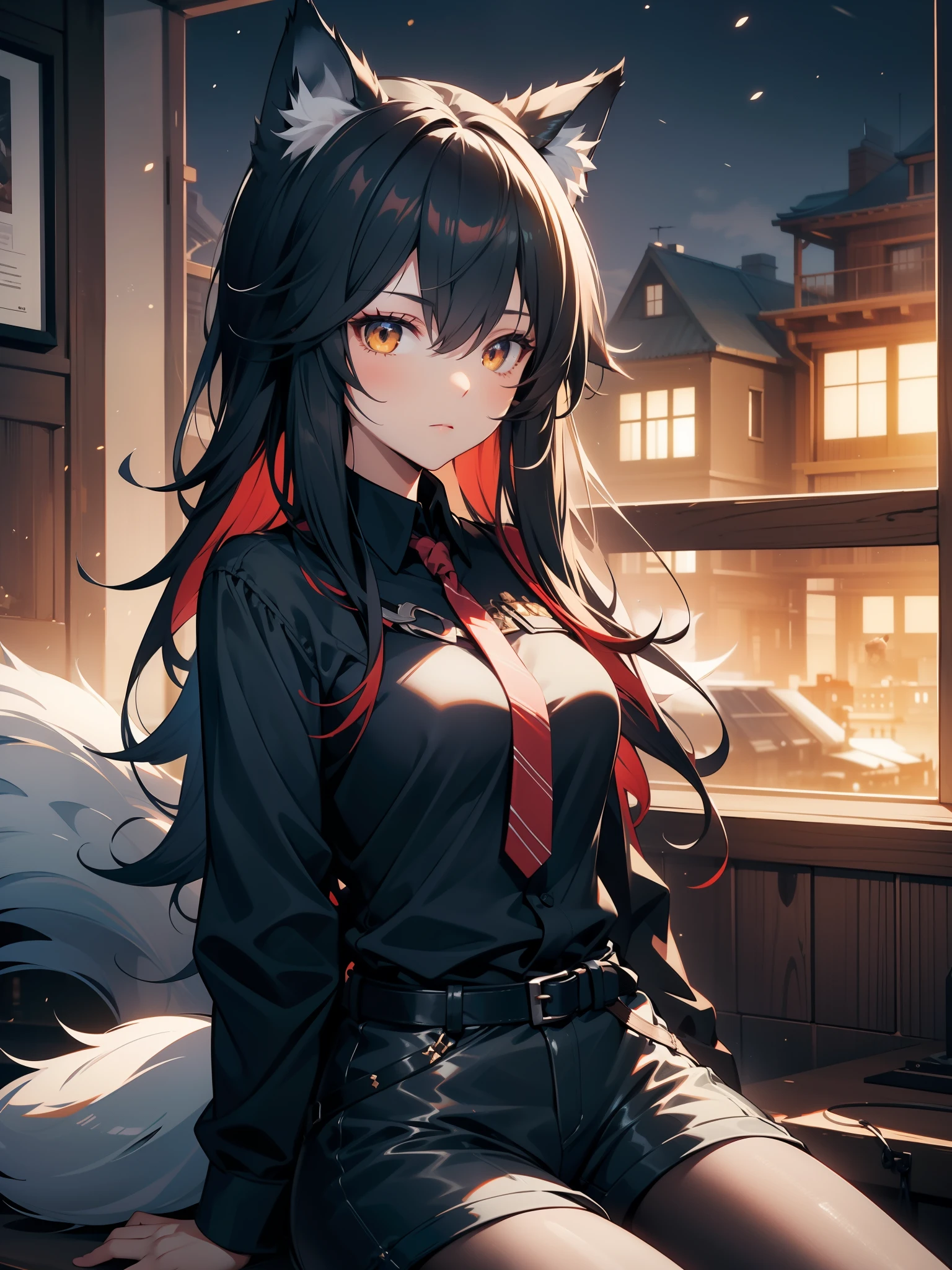 a girl sitting inside a cafe, 1girl, solo, sitting in a cafe, ((night)), (dim light), looking at viewer, cold demeanor, flat expression, (arms resting), white fur jacket, black shirt, shorts, pantyhose, elegant, casual, cellinia texas, texas, arknights, multicolored hair(black hair, red inner hair), long hair, ((wolf tail)), (amber eyes), (animal ears), animal ear fluff, slender body, small breasts, HD, cinematic shot, soft detail, semi realistic background,