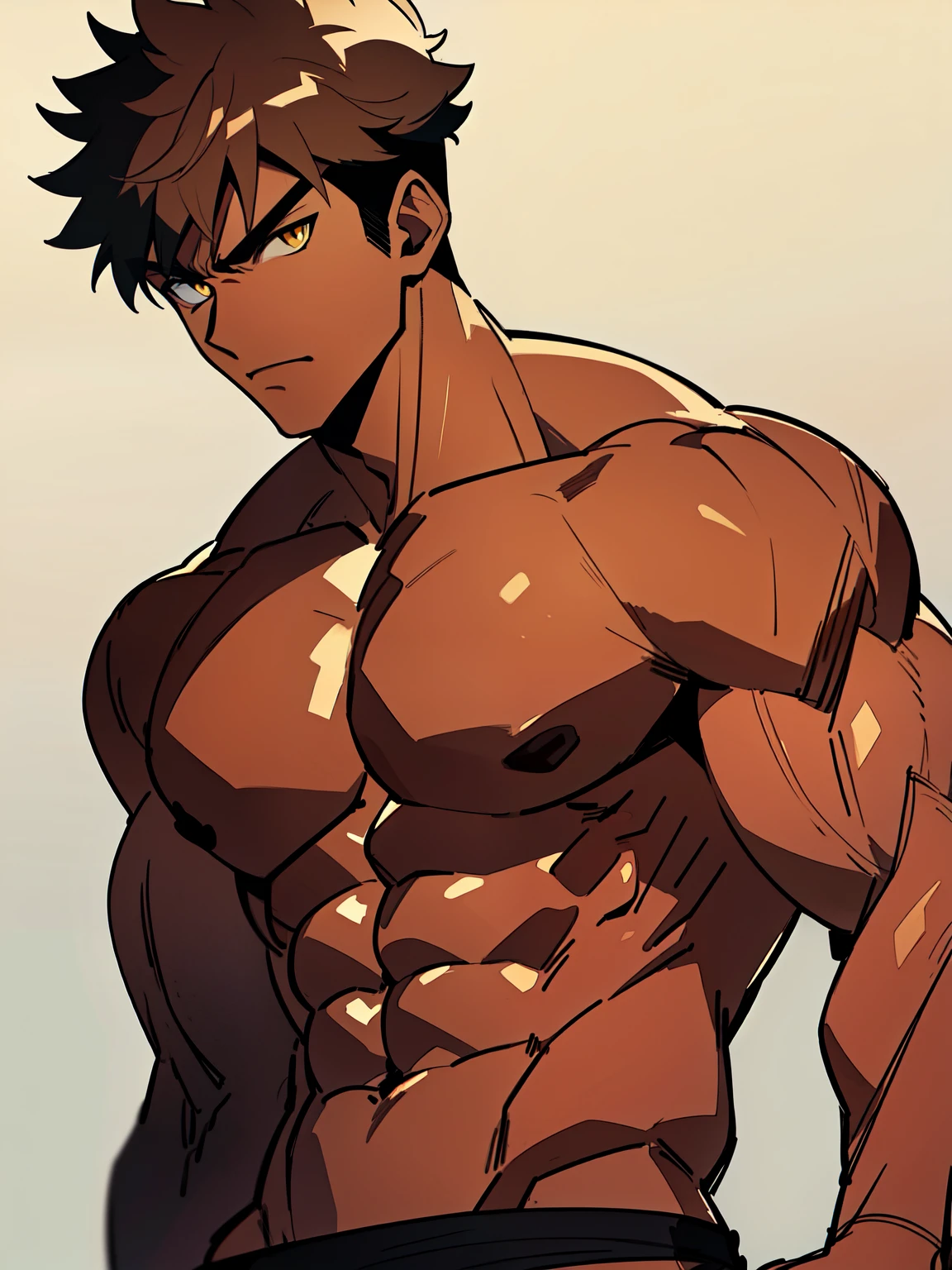 ((handsome men)), ((yellow eyes)), ((brown hair)), ((ninja)), ((dark skin)), ((serious expression)), ((shinobi clothing)), ((muscular male), ((shirtless)), ((topless)), ((body full of huge muscles)) (((complementary colors))), ((mature male)), 1boy, beautifully drawn, high resolution illustration, best quality, High definition, ((detailed anime sketch)), Masterpiece, (solo), absurdres, portrait, ((full body)), ((wild hair)), detailed background, fine detail, male focus, HDR, ((short hair))