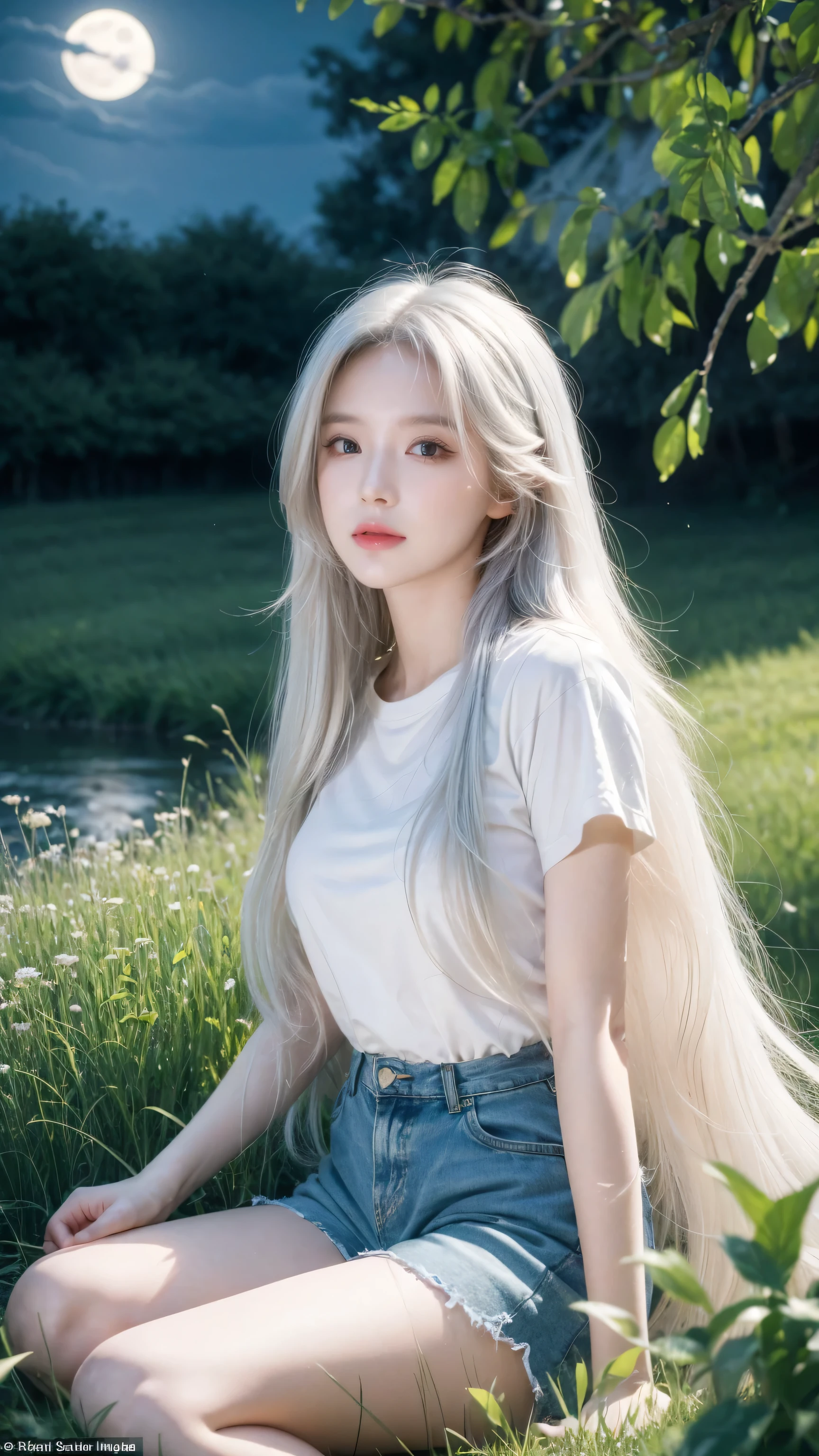 (masterpiece, top quality), A girl with long white hair sits in a field of green plants and flowers, Warm moonlight, Blurred foreground, Change, River bank, shorts, Strange eyes
