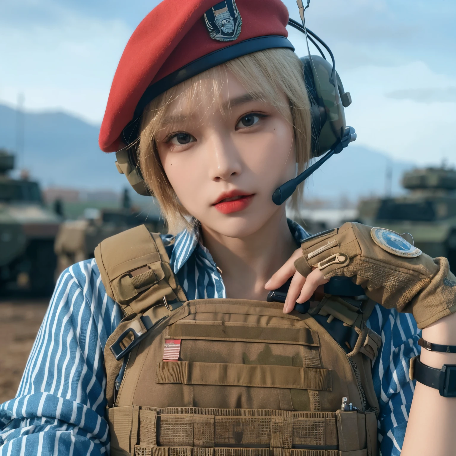a female soldier, short blonde hair, wearing brown camouflage army clothes, wearing a red beret, wearing a bulletproof vest, wearing a headset, wearing army gloves, her face looks like an Asian woman, posing elegantly, in the background in the combat training area, (perfect fingers), ((make up)), high quality, realistic, ultra HD, Ultra-fine, HD, HD, HD picture quality, detail, 18k ultra HD resolution, top effects, masterpiece, Half-length photos.