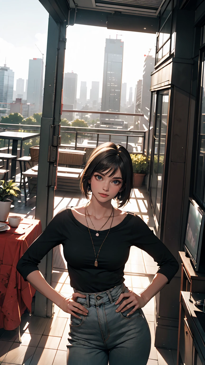 Midgar City style、Apartment building with cityscape in the background、White woman、smile、Place hands on hips、Low - Angle