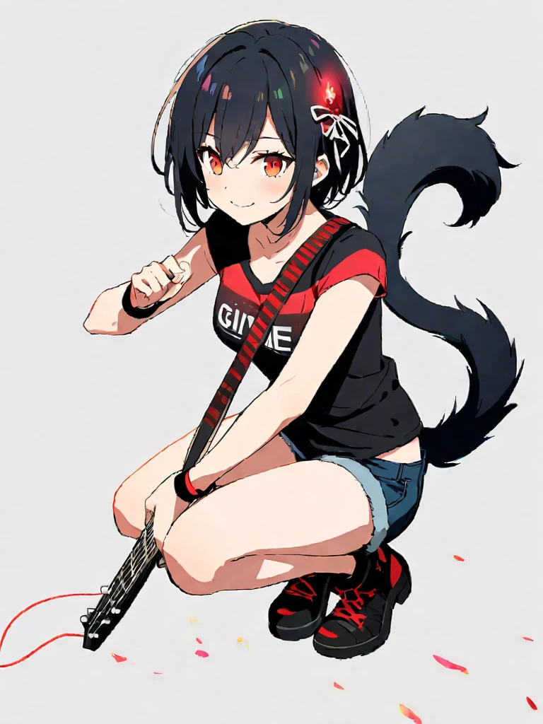 16k works,highest quality,16 years old,no background.White background only.Best Bust、Medium Bust、Red glowing eyes,Black Hair、Red Mesh、Disheveled Hair、Fur Tail、Open chest、Illuminated Wristbands、hair ornaments,Black Short Sleeve T-Shirt、Short denim pants、Leaning forward、smile、Holding the guitar、performance、sing)),full body,squatting