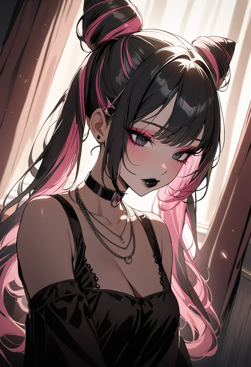 1girl, Holo-Punk Style, black eyes, black hair, black lips, cone hair bun, twin tails, curtains, double bun, hair bun, jewelry, lipstick, long hair, makeup, multicolored hair, necklace, pink hair, solo, upper body, newest, cinematic angle, cinematic lighting, masterpiece, best quality , NSFW、