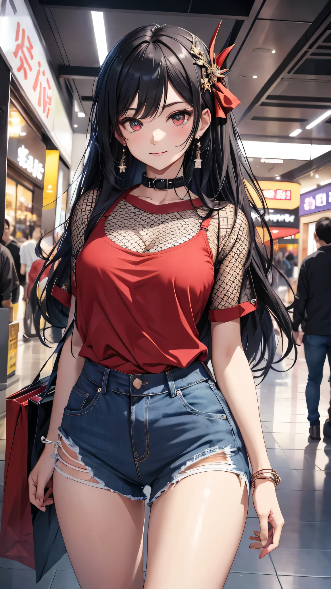 最high quality、Best image quality、masterpiece、girl((18-year-old、 By becoming、Best Bust、Medium Bust,Wide open breast tea、Red glowing eyes,Black Hair、Red Mesh、Disheveled Hair、Lointail、thin,The highest valley、Open chest、Luminous Wristbands、hair ornaments、Show the whole body,Black short sleeve T-shirt、Short denim trousers、Leaning forward、smile、)),high quality、Beautiful art、background((Large shopping malls,Square))、Flight、Flying debris、Written boundary depth、movie、Visual Arts、Perfect art、8K,Genuine,