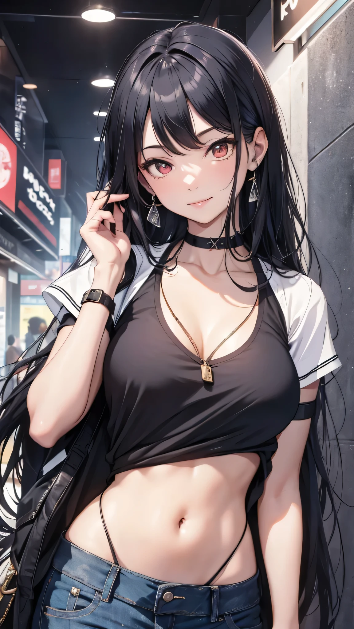 最high quality、Best image quality、masterpiece、girl((18-year-old、 By becoming、Best Bust、Medium Bust,Wide open breast tea、Red glowing eyes,Black Hair、Red Mesh、Disheveled Hair、Lointail、thin,The highest valley、Open chest、Luminous Wristbands、hair ornaments、Show the whole body,Black short sleeve T-shirt、Short denim trousers、Leaning forward、smile、)),high quality、Beautiful art、background((Large shopping malls,Square))、Flight、Flying debris、Written boundary depth、movie、Visual Arts、Perfect art、8K,Genuine,