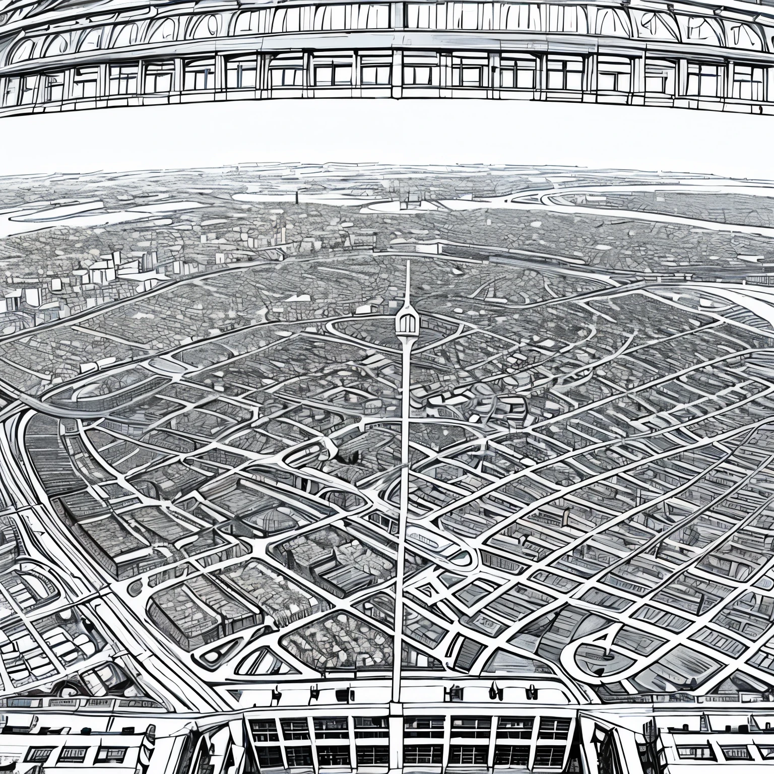 Sketch of city named Elche. De 230 625 habitant, avec hopital, parc, mairie, casino, hotel, musee, catedral, poste de llice avec fourière et 4 parkings eclairée