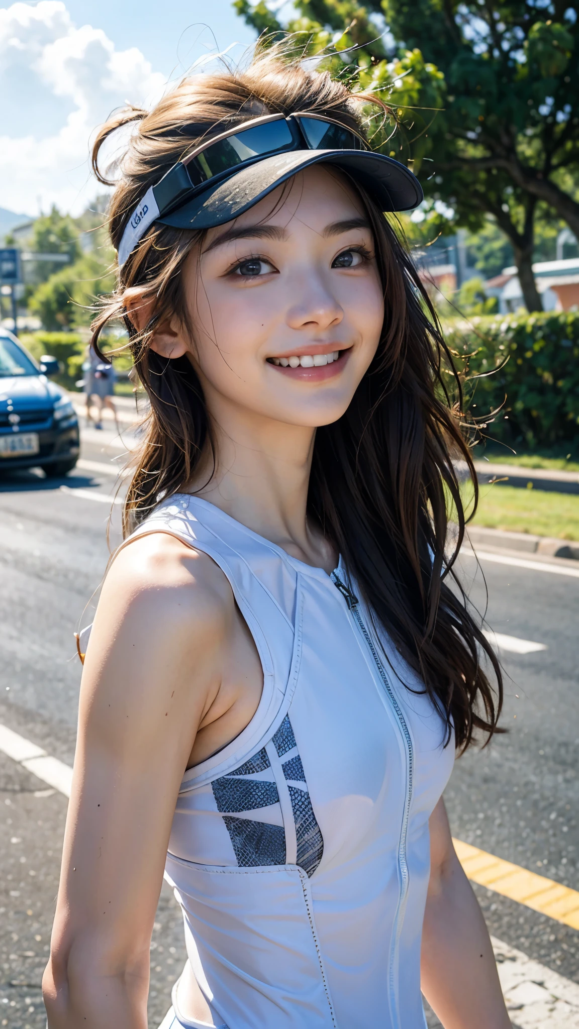highest quality, masterpiece, Ultra-high resolution, (Realistic:1.4),Cloudy weather, (Close-up portrait) RAW Photos, 1 girl,20-year-old,((Yokohama Triathlon)),((Transitioning to road bikes)),((Please look up)),,((Triathlon Championships)),Hair tied up in a bun,((Sun visor)),((Straight Long Hair)),Realistic,)),((Smiling with teeth showing)),((Big smile))