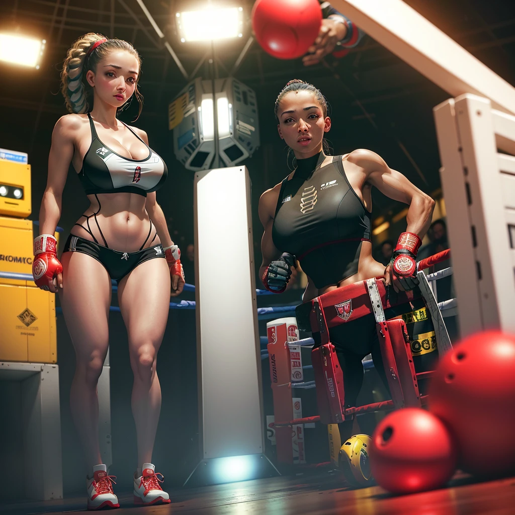 A beautiful woman is in a promotional boxing match against a sparring robot. The robot is very scary and clearly a machine with red glowing eyes