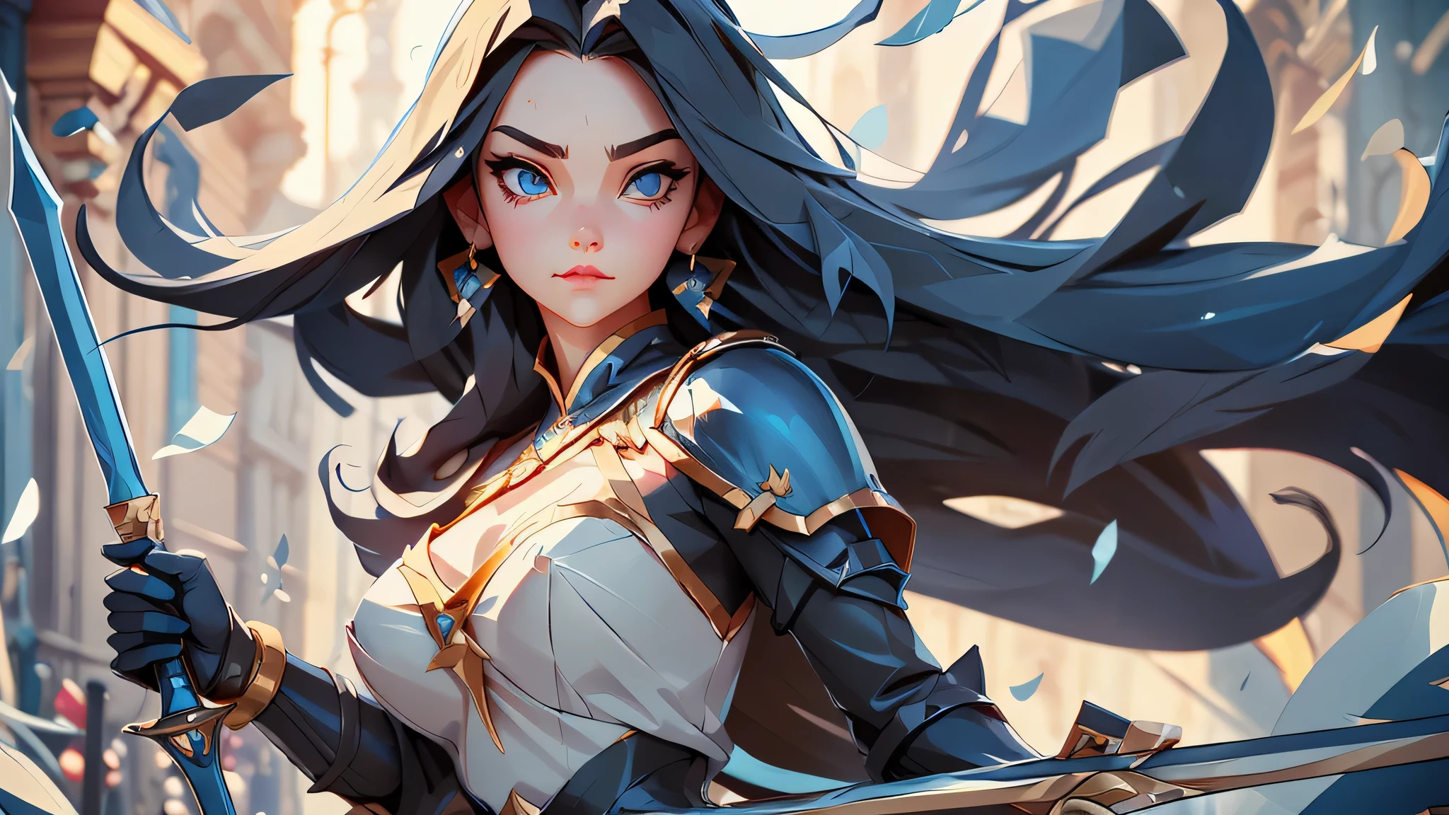 beautiful girl of Slavic appearance, Beautiful breasts, long black hair, expressive blue eyes, Rapier in hand, black armor