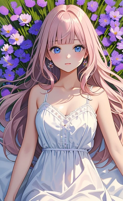 (masterpiece:1.4、top-quality、illustration:,realistic、)、(character focus、,cowboy shot:1.3)、(1girl),(clear face:1.3),(),cute face,blue eyes、(tareme:1.3)、(from above),
(lying in a flower field:1.4),(flying:1.4)、(),、
(pink blonde　hair),(very long hair:1.5)、
,(Flower Field:1.3、),（white camisole dress:1.5),
(blunt bangs),(volumey,sidelocks,wavy hair:1.3), (small breasts)、
、slender、