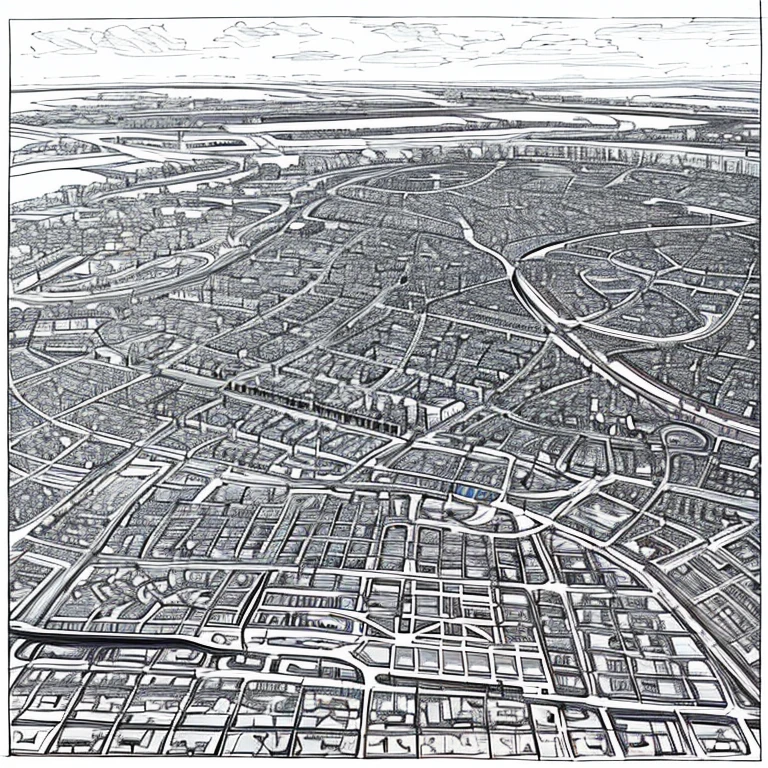 Detailed sketch of the city named Elche. De 230 625 habitant, avec hopital, parc, mairie, casino, hotel, museum, cathedral, poste de llice avec fourière et 4 parkings eclairée