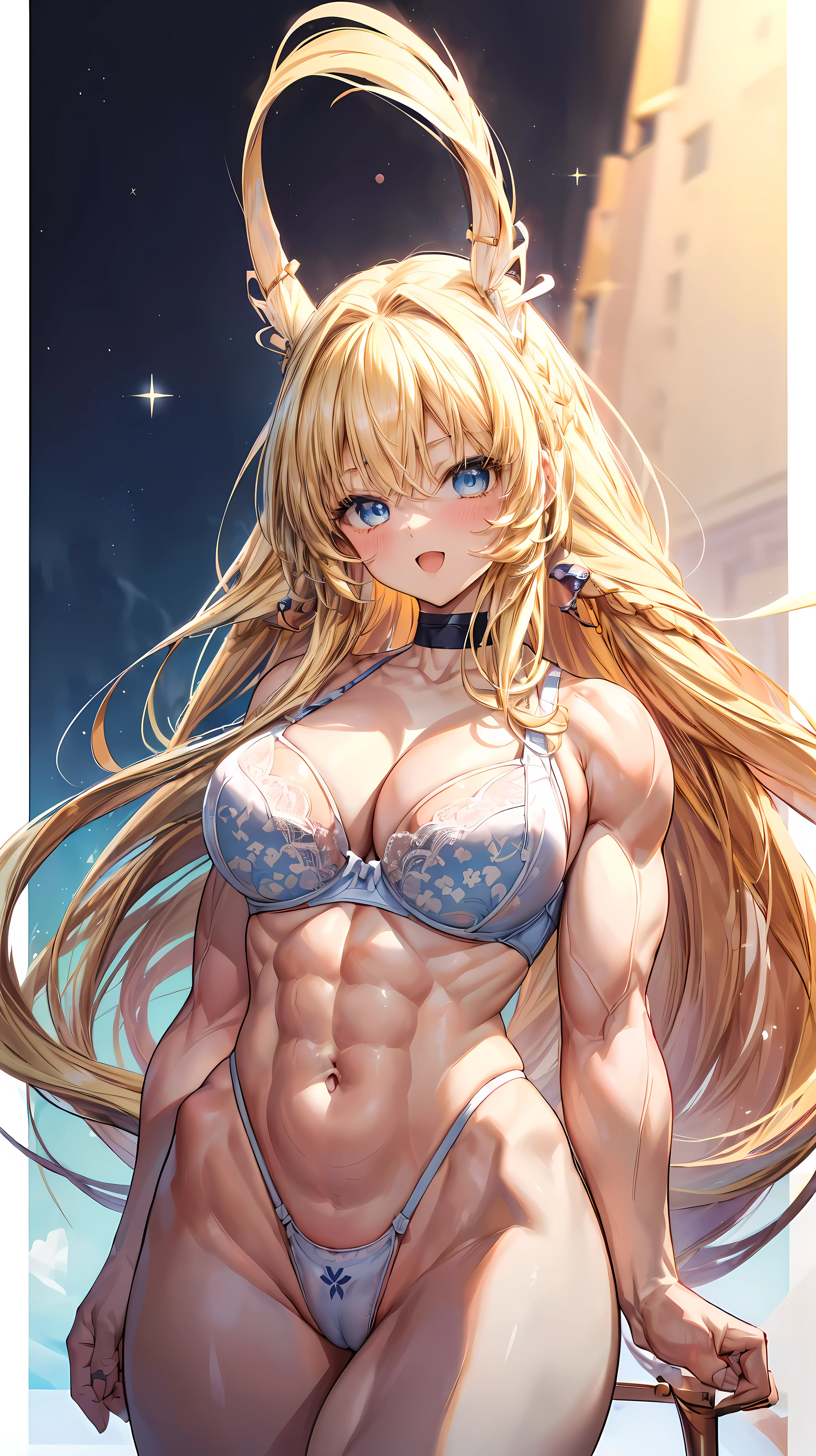 Very detailed、highest quality、Best image quality、masterpiece、8k、Anime Face、A kind smile、(Open your mouth:1.3)、Sparkling blue eyes、(Blonde semi-long hair:1.5)、(Muscles of the whole body:1.3)、(highleg:2.0)、Thigh belt、(Upper body photo:1.5)、(SFW Giant)、(Thick body:1.2)、(bra:1.5)