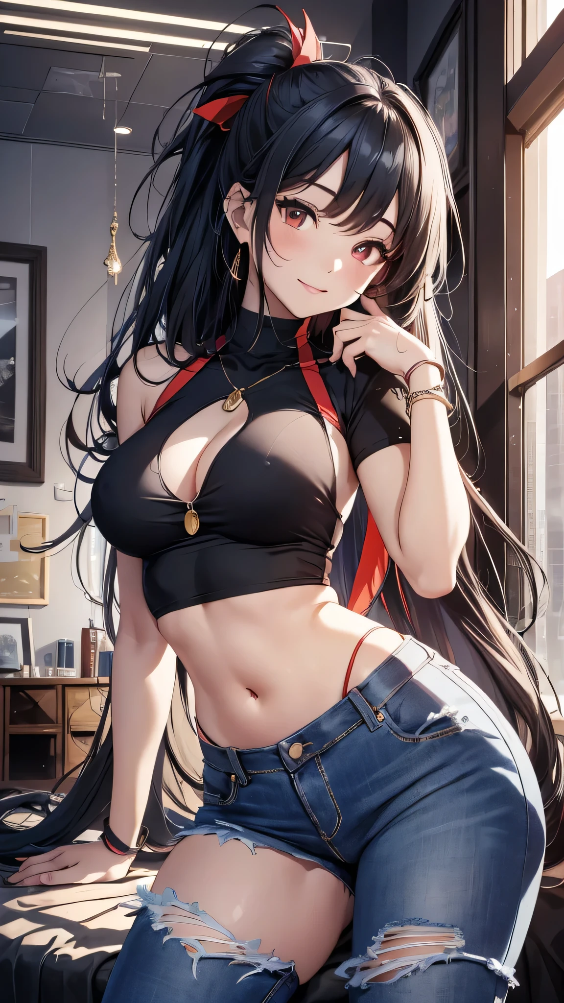 最high quality、Best image quality、masterpiece、girl((18-year-old、 By becoming、Best Bust、Medium Bust,Wide open breast tea、Red glowing eyes,Black Hair、Red Mesh、Disheveled Hair、Lointail、thin,The highest valley、Open chest、Luminous Wristbands、hair ornaments、Show the whole body,Black short sleeve T-shirt、Short denim trousers、Leaning forward、smile、Cool pose)),high quality、Beautiful art、background((model room))、Flight、Flying debris、Written boundary depth、movie、Visual Arts、Perfect art、8K,Genuine,