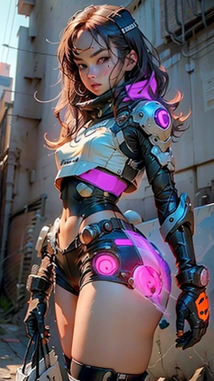 Woman body defined thick thighs cybernetic body parts, short underwear