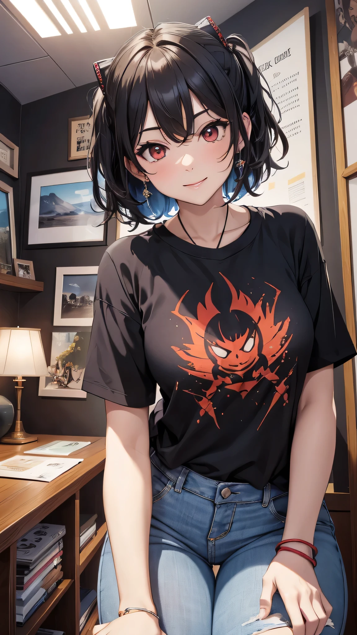 最high quality、Best image quality、masterpiece、girl((18-year-old、 By becoming、Best Bust、Medium Bust,Wide open breast tea、Red glowing eyes,Black Hair、Red Mesh、Disheveled Hair、Lointail、thin,The highest valley、Open chest、Luminous Wristbands、hair ornaments、Show the whole body,Black short sleeve T-shirt、Short denim trousers、Leaning forward、smile、Cool pose)),high quality、Beautiful art、background((model room))、Flight、Flying debris、Written boundary depth、movie、Visual Arts、Perfect art、8K,Genuine,