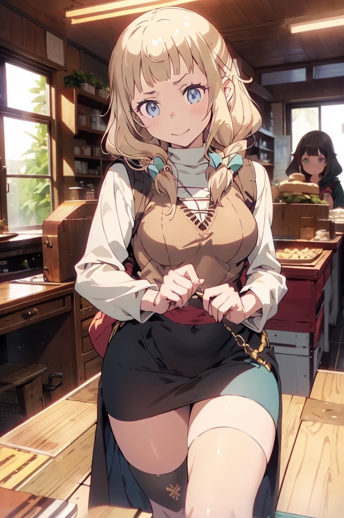 masterpiece, 1girl, sparrow, a blonde haired girl, wearing a brown viking clothes, curly medium hair, messy hair, slim body, wearing furry capelet with hoody, he close her left eye, shirt ornament, aqua eyes, sho show her back, ahoge, red vest, baby , big breast, beautiful breasts, rounded breasts, braid hair, long sleeves, beautiful eyes, white stocking, droopy eyes, her age is 19 years old, smile, ancient viking