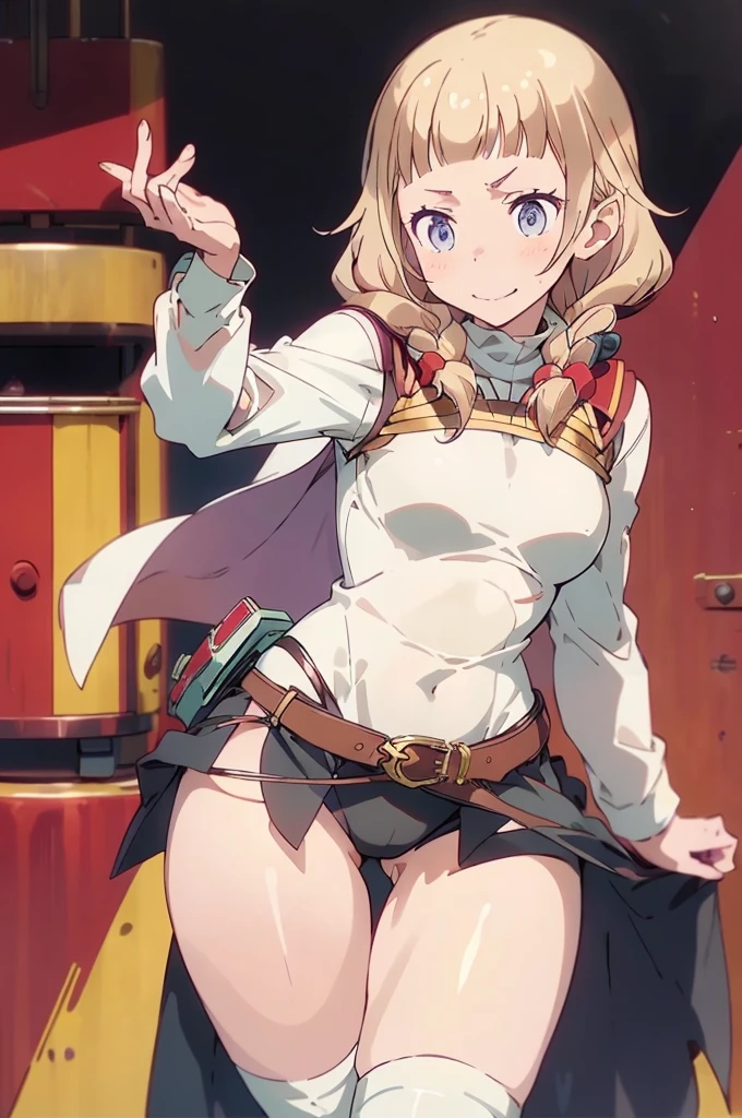 masterpiece, 1girl, sparrow, a blonde haired girl, wearing a brown viking clothes, curly medium hair, messy hair, slim body, wearing furry capelet with hoody, he close her left eye, shirt ornament, aqua eyes, sho show her back, ahoge, red vest, baby , big breast, beautiful breasts, rounded breasts, braid hair, long sleeves, beautiful eyes, white stocking, droopy eyes, her age is 19 years old, smile, ancient viking 