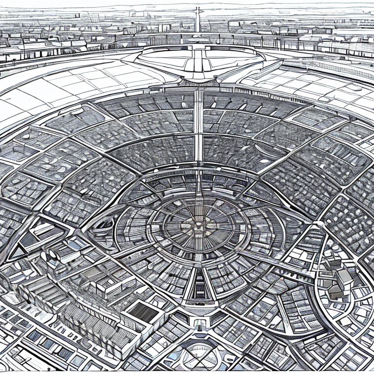 Detailed construction sketch of the city named Elche. De 230 625 habitant, avec hopital, parc, mairie, casino, hotel, museum, cathedral, poste de llice avec fourière et 4 parkings eclairée