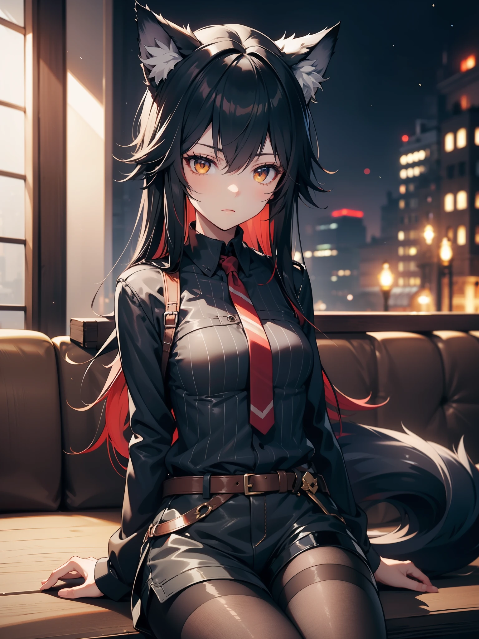 a girl sitting inside a cafe, 1girl, solo, sitting in a cafe, ((night)), (dim light), looking at viewer, cold demeanor, flat expression, arms resting, white fur jacket, black shirt, shorts, pantyhose, elegant, casual, cellinia texas, texas, arknights, multicolored hair(black hair, red inner hair), long hair, ((wolf tail)), (amber eyes), (animal ears), animal ear fluff, slender body, small breasts, HD, cinematic shot, soft detail, semi realistic background,