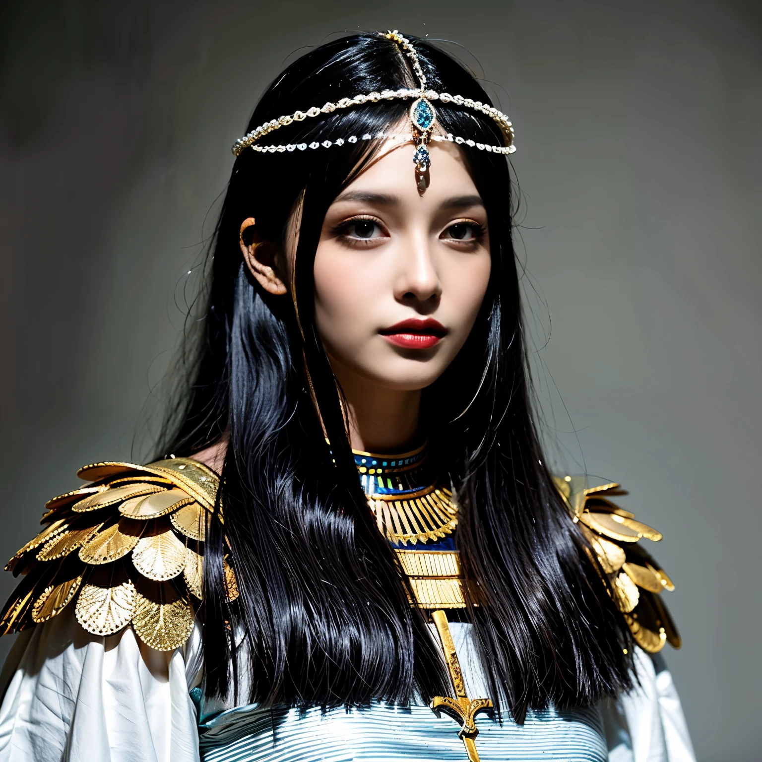 Queens of Ancient Egypt、Cleopatra、A beautiful woman、Beautifully detailed eyes、Beautifully detailed lips、Long eyelashes、Gorgeous Woman、(Full body portrait:1.4)、Elegant King&#39;s Pose、Sublime Beauty、Golden calf ornament crown、White cylindrical dress、Egyptian Hieroglyphics、Exotic background、Sunset lighting、Mysterious atmosphere、Elaborate Jewelry、(Complex eye makeup:1.5)、Gorgeous golden throne、Elaborate head dress、ancient egyptian symbols、Desert Background、(Sphinx、pyramid)、Dramatic Shadows、Detailed facial features、Bright colors彩、Luxurious fabrics、Historical accuracy、Clever Construction、Majestic Aura、Mysterious charm、Shining Beauty、Excellent craftsmanship、Rich texture、Decorative accessories、Exquisite environment、Royal Confidence、Theatrical presence、Captivating Gaze、Seductive attitude、Captivating Charm、Delicate hand gestures、A noble crown、Luxurious ornamentythological references、Symbolic Representations、Dignified elegance。 (highest quality、4K、High resolution、masterpiece:1.2)、Super detailed、(Real、Photorealistic、Photorealistic:1.37)、Bright colors、Professional Lighting、Sharp focus、Crisp details