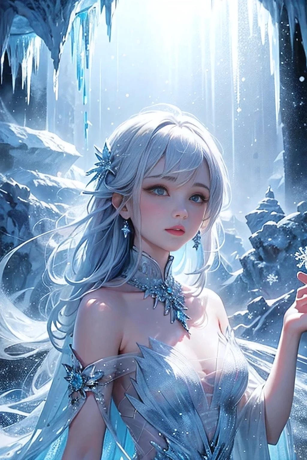 wood, Detailed mini ice spikes and crystals, Frozen waterfall as background, Light reflected on ice crystals, Flowing snowflakes.Beautiful woman、cutegirl,Realistic people
