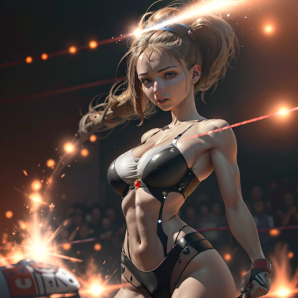 (best quality,4k,8k,highres,masterpiece:1.2),ultra-detailed,(realistic,photorealistic,photo-realistic:1.37),A beautiful woman in a promotional boxing match against a sparring robot,robot with red glowing eyes,powerful punches complete with sound effects and slow-motion moments in the boxing ring,high-intensity atmosphere,commercial-grade,professionally-lit scene,huge crowd in the stands cheering and holding posters,women fighting,wearing professional boxing gear,great physique and muscular build,sparkling sweat glistening on their skin,beautifully styled long hair flowing dramatically,brightly lit boxing ring,shadows cast by the spotlights,colorful spotlights creating a dynamic atmosphere,smoke and fog effects filling the ring,robot with metallic exterior and intricate details,sharp edges and glowing circuitry,crowds of people watching in awe and fascination,excitement and tension building up in the air,unwavering determination in the woman's eyes,fearlessness in her face as she takes on the intimidating robot,fiery spirit that radiates from her presence,she moves with precision and agility,delivering powerful punches with accuracy and strength,robot's mechanical movements and powerful strikes,testing the woman's resilience and skill,each punch creating an explosive impact and sending shockwaves through the air,slow-motion moments capturing the intensity and raw emotions,atmospheric lighting and contrasting shadows creating a cinematic effect,background music intensifies the mood,immersing the audience into the fierce competition,combination of human strength and technological advancement,representation of strength, courage, and the triumph of human spirit.