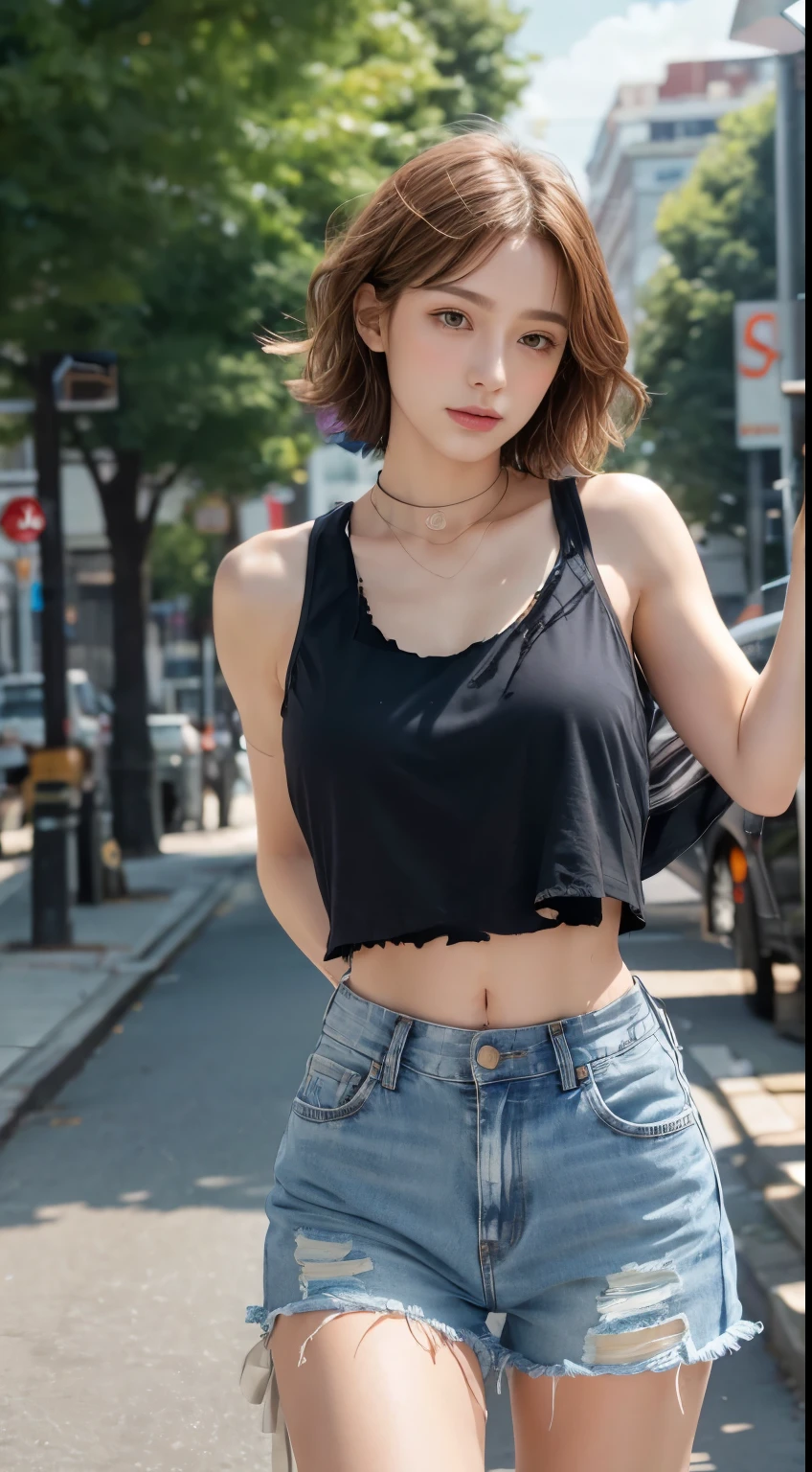 ((Mid-chest, Tomboy,)),  (Trained abdominal muscles : 1.1), (Perfect body : 1.1), (Short Wavy Hair : 1.2) , Auburn Hair, collar, Lock, Full Body Shot, Crowded street, Wearing a tank top, Jeans jacket, (Torn clothes:1.3)((Shorts)), (Very detailed CG 8k 壁紙), (Very delicate and beautiful), (masterpiece), (highest quality:1.0), (ultra High resolution:1.0),  Beautiful lighting ,Perfect Lightning, Realistic Shadows, [High resolution], Detailed skin, Very detailed (((colorful))),High Reality,