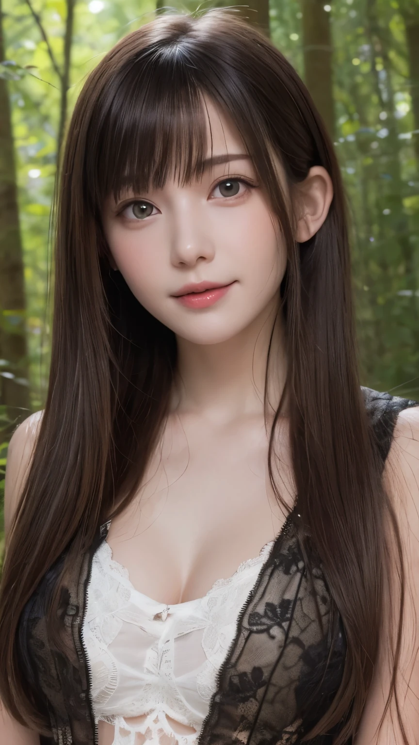 big eyes,shy smile, A girl caught in a spider web,high-res,best quality,realistic,extremely detailed,fearful expression,pale white skin,dark hair,delicate features,beautiful detailed eyes,beautiful detailed lips,long lashes,spider web pattern covering her body,forest background,dappled sunlight,soft and warm lighting,contrasting colors,spooky atmosphere.