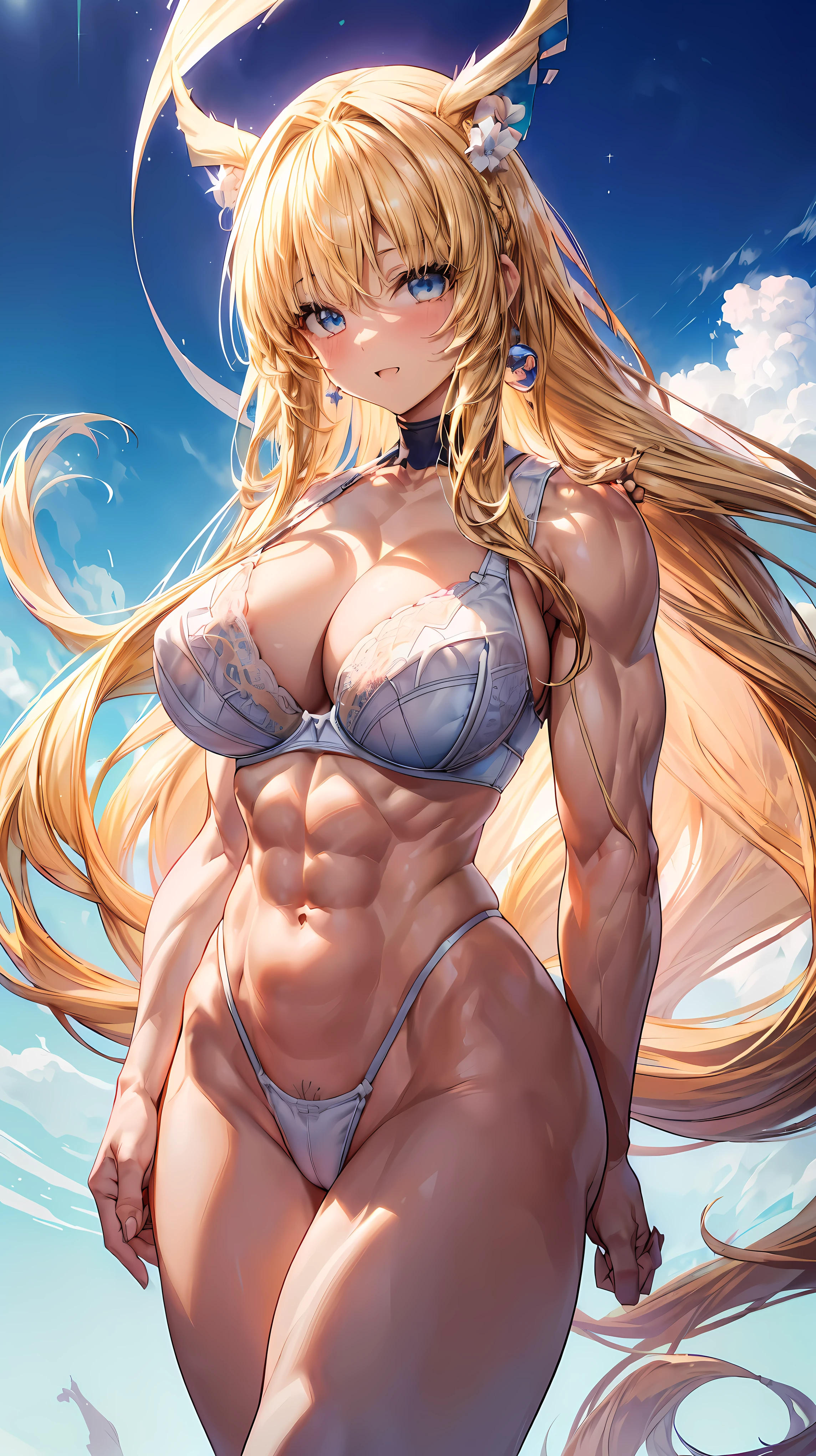 Very detailed、highest quality、Best image quality、masterpiece、8k、Anime Face、A kind smile、(Open your mouth:1.3)、Sparkling blue eyes、(Blonde semi-long hair:1.5)、(Muscles of the whole body:1.3)、(highleg:2.0)、Thigh belt、(Upper body photo:1.5)、(SFW Giant)、(Thick body:1.2)、(bra:1.5)