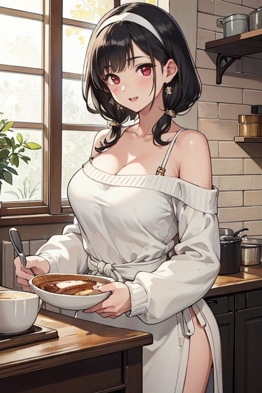 masterpiece, 1girl, Amazing Cleavage:1.3, thin waist, big ass, Raised sexy, medium breast:1.3,posed cleavage:1.2,solo, looking at viewer, open mouth, have a cup of coffee,black hair, red eyes, dress, bare shoulders, jewelry, collarbone, sidelocks, hairband, earrings, indoors, off shoulder, :o, sweater, arms behind back, plant, short hair with long locks, white hairband, off-shoulder dress, sweater dress, off-shoulder sweater, red sweater, big side hair, very long side hair,is rendered in (masterpiece: 1.2, best quality), with (ultra high resolution) and an exquisite (depth of field). This masterpiece is not only visually stunning but also tells, make of cooking some cakes ,in the kitchen,smile,seductive weak smiling,(with sparkling eyes and a contagious smile),open mouth, Looking at Viewer,