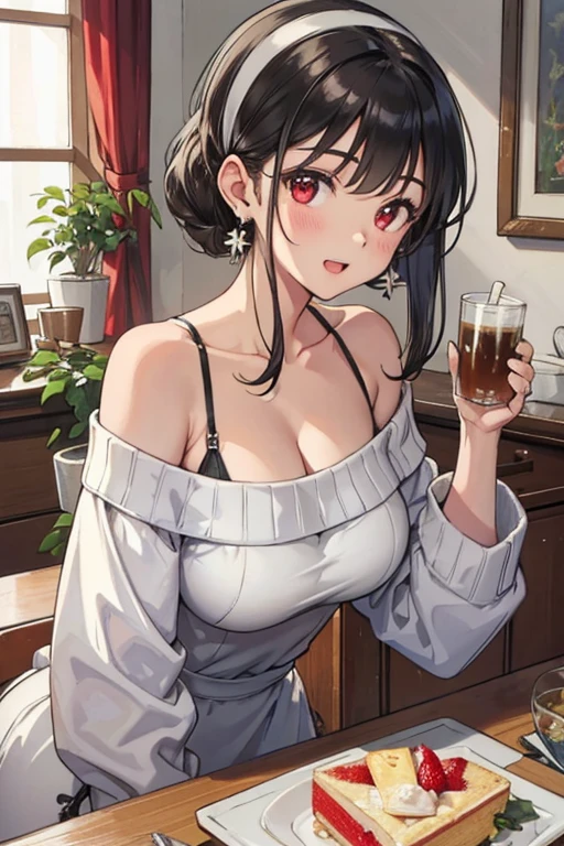 masterpiece, 1girl, Amazing Cleavage:1.3, thin waist, big ass, Raised sexy, medium breast:1.3,posed cleavage:1.2,solo, looking at viewer, open mouth, have a cup of coffee,black hair, red eyes, dress, bare shoulders, jewelry, collarbone, sidelocks, hairband, earrings, indoors, off shoulder, :o, sweater, arms behind back, plant, short hair with long locks, white hairband, off-shoulder dress, sweater dress, off-shoulder sweater, red sweater, big side hair, very long side hair,is rendered in (masterpiece: 1.2, best quality), with (ultra high resolution) and an exquisite (depth of field). This masterpiece is not only visually stunning but also tells, make of cooking some cakes ,in the kitchen,smile,seductive weak smiling,(with sparkling eyes and a contagious smile),open mouth, Looking at Viewer,