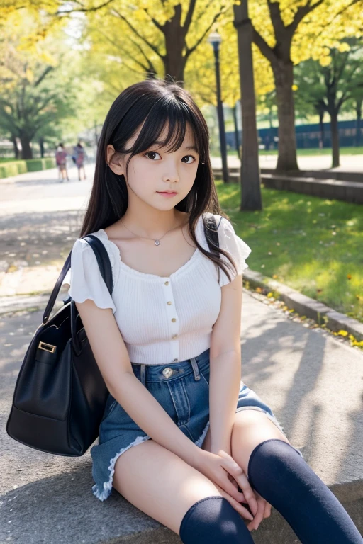 8k,Japanese,9 ,Childish,Innocent face,Innocent look,Teenage Girl,cute,spring-like clothes,Spring weather,Casual wear,Black Hair,Riverside Park,Sitting,Thighs,Décolletage、Absolute area、Thighsの付け根、Chest