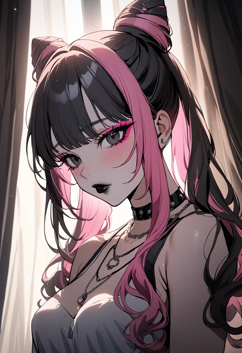 1girl, Holo-Punk Style, black eyes, black hair, black lips, cone hair bun, twin tails, curtains, double bun, hair bun, jewelry, lipstick, long hair, makeup, multicolored hair, necklace, pink hair, solo, upper body, newest, cinematic angle, cinematic lighting, masterpiece, best quality , 